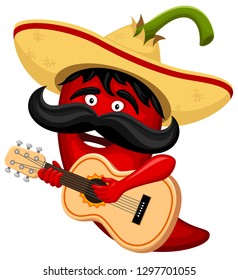 Vector Illustration Of A Happy Cartoon Jalapeño Pepper Playing The Guitar.