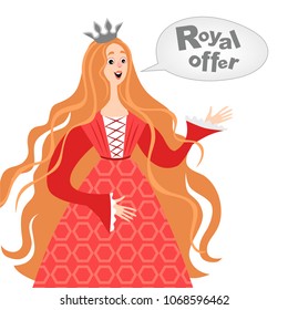 Vector illustration of happy cartoon princess with a speech bubble. Royal offer icon. Isolated fairy tale character on a white background