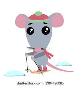 Vector Illustration of Happy Cartoon Rat Skiing. Cute Kawaii Funny Character.