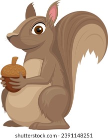 Imagen vectorial de una ardilla de dibujos animados alegre sosteniendo una bellota.