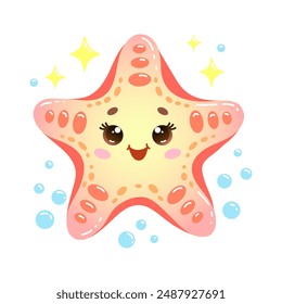 Vector Illustration of happy cartoon starfish with a friendly smile, surrounded by bubbles and sparkling stars 
