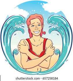 Vector illustration of a happy cartoon summer girl in bikini on the beach, holiday summer poster with waves, isolated