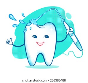 Vector illustration of happy cartoon tooth character with irrigator.