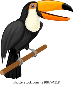 Vector illustration of a happy cartoon toucan on a wooden perch.