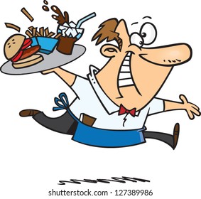 A vector illustration of happy cartoon waiter running with a tray of fast food