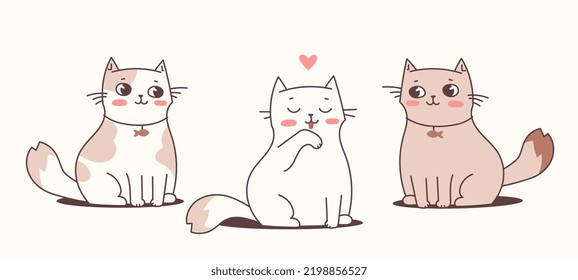 Ilustración vectorial del carácter felino feliz sobre fondo de color claro. Arte de línea plana estilo romántico diseño de sentarse y limpiar lindos gatos animales para la web, tarjeta de saludo, banner