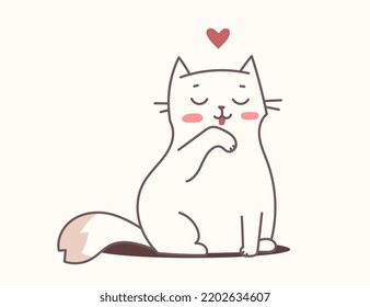 Vector illustration of happy cat character on light color background. Flat line art style romantic design of sitting and cleaning cute animal cat for web, greeting card, banner