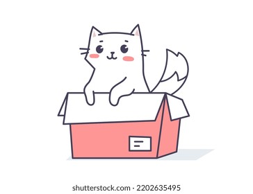 Vector illustration of happy cat character in box on white color background. Flat line art style design of cute animal cat for web, greeting card, banner