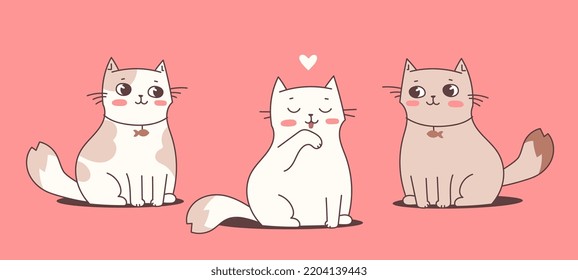 Vector illustration of happy cat character on pink color background. Flat line art style romantic design of sitting and cleaning cute animal cat for web, greeting card, banner