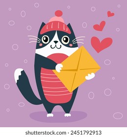 Vector illustration happy cat in flat style drawing, with postmail in his hands