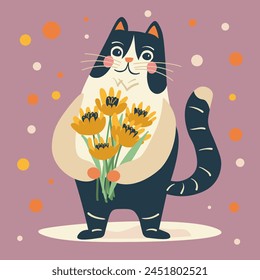 Vector illustration happy cat in flat style drawing, with flowers in his hands