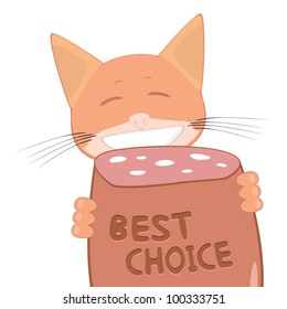 Vector illustration of happy cat with huge sausage with "best choice" stamp