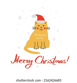 Vector illustration with happy cat in santa hat and Merry Christmas lettering. Christmas card with smiling character.