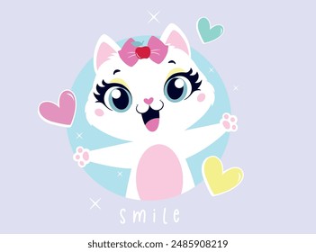 Vector illustration, happy cat surrounded by hearts. Design for printing on shirt, Templates for celebration, poster, banner. Lovely print for t-shirt