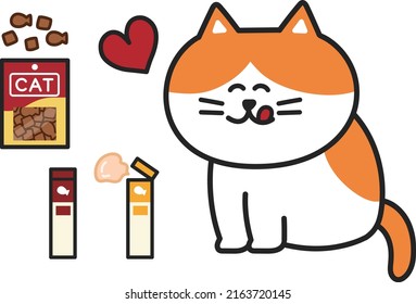 Vector illustration of a happy cat and cat treats isolated on white background.