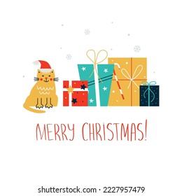 Vector illustration with happy cat wearing santa hat, present boxes and Merry Christmas lettering. Winter holidays card with smiling character.