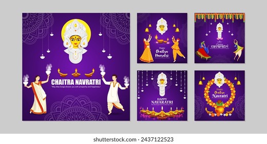 Vector illustration of Happy Chaitra Navratri social media feed set template