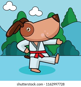 vector illustration of a happy character cute animals activity, dog playing karate on the field, sport drawing concept for children and kids learning supplies