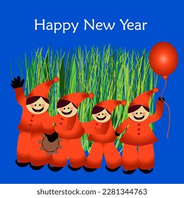 vector illustration of happy characters with hat and balloon, standing in front of green grass, singing and waving. useful for Persian Nowruz HAJI FIROOZ