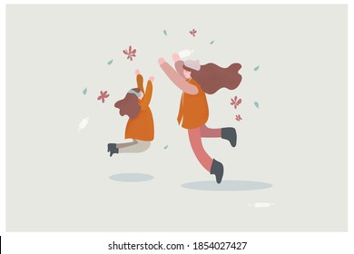 Vector illustration of Happy cheerful characters flat design. Mother and kid happy and jump high after Covid-19 vaccine was ready to contribute luanched.take off the mask.Free from pendemic situation.