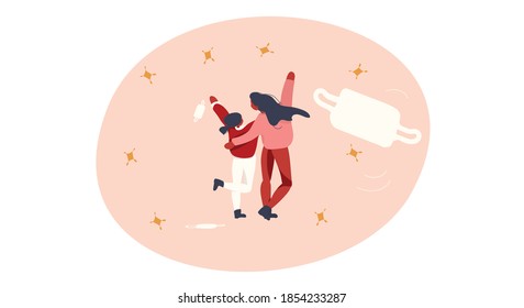 Vector illustration of Happy cheerful characters flat design. Mother and kid happy and jump high after Covid-19 vaccine was ready to contribute luanched.take off the mask.Free from pendemic situation.