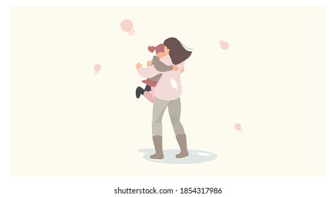 Vector illustration of Happy cheerful characters flat design. Mother and kid happy and jump high after Covid-19 vaccine was ready to contribute luanched.take off the mask.Free from pendemic situation.