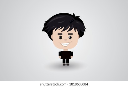 Vector illustration of happy and cheerful guy with dark hair cartoon character on white background