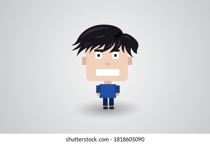 Imagen vectorial de un tipo feliz y alegre con el personaje de dibujos animados de pelo oscuro sobre fondo blanco