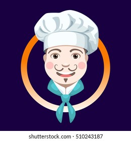 Vector illustration of a happy chef. Smiling chef in a hat with a mustache on a dark background in the center of the ring.