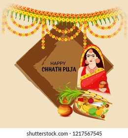 Vector illustration of Happy Chhath Puja Holiday Background for Sun Festival for Womens of Bihar India. 