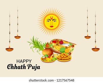Vector illustration of Happy Chhath Puja Holiday Background for Sun Festival for Womens of Bihar India. 