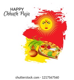 Vector illustration of Happy Chhath Puja Holiday Background for Sun Festival for Womens of Bihar India. 