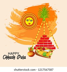 Vector illustration of Happy Chhath Puja Holiday Background for Sun Festival for Womens of Bihar India. 