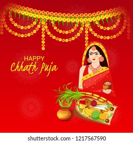 Vector illustration of Happy Chhath Puja Holiday Background for Sun Festival for Womens of Bihar India. 