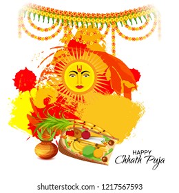 Vector illustration of Happy Chhath Puja Holiday Background for Sun Festival for Womens of Bihar India. 