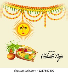 Vector illustration of Happy Chhath Puja Holiday Background for Sun Festival for Womens of Bihar India. 