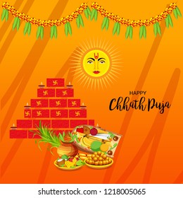 Vector illustration of Happy Chhath Puja Holiday Background for Sun Festival for Womens of Bihar India. 