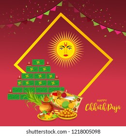 Vector illustration of Happy Chhath Puja Holiday Background for Sun Festival for Womens of Bihar India. 