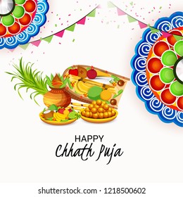 Vector illustration of Happy Chhath Puja Holiday Background for Sun Festival for Womens of Bihar India. 