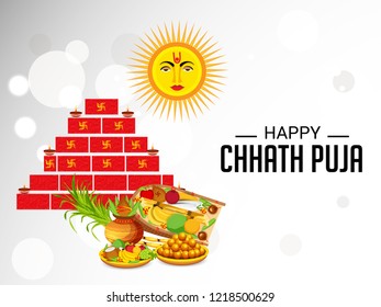 Vector illustration of Happy Chhath Puja Holiday Background for Sun Festival for Womens of Bihar India. 