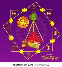 Vector illustration of Happy Chhath Puja Holiday Background for Sun Festival for Womens of Bihar India. 