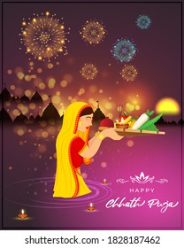 Vector illustration of Happy Chhath Puja, Indian traditional sun festival, women praying in water, diya, temples, colorful fireworks on beautiful background.