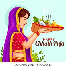 Vector illustration of Happy Chhath Puja background for Sun festival of India. Women doing prayer of sunrise and bathing in holy river in Bihar