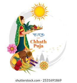 vector illustration of Happy Chhath Puja Illustration with Indian Women doing prayer of God Sun