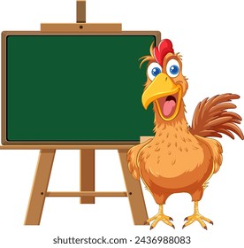 Vector illustration of a happy chicken by a chalkboard