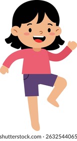 Vector illustration of a happy child girl playing with a cheerful expression wearing a pink shirt and purple shorts. The image conveys joy and energy in a playful mood.
