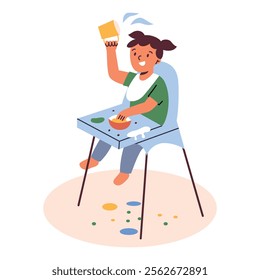 Vector illustration of happy child in high chair playing with food, baby girl spilling and eating messily. Cartoon style, flat design, ideal for kids, parenting, or mealtime concepts