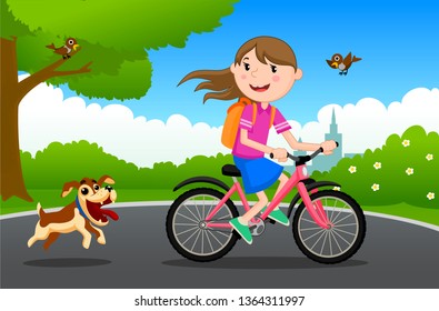 Vector illustration of happy child and pet are playing in playground.The girl walks in the park with a pet dog. The girl rides a bike in the park. Dog is a friend of man.