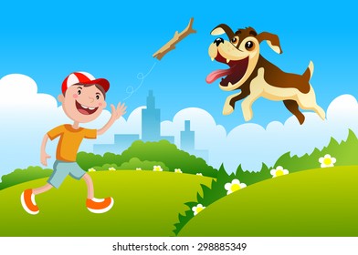  Vector illustration of happy child and pet dog playing in playground. Boy playing with dog in the park.