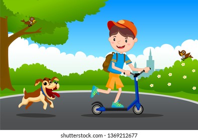 Vector illustration of happy child is playing in playground.The boy on a scooter with a pet dog in a summer park. Walk in the summer park. The boy is walking the dog.